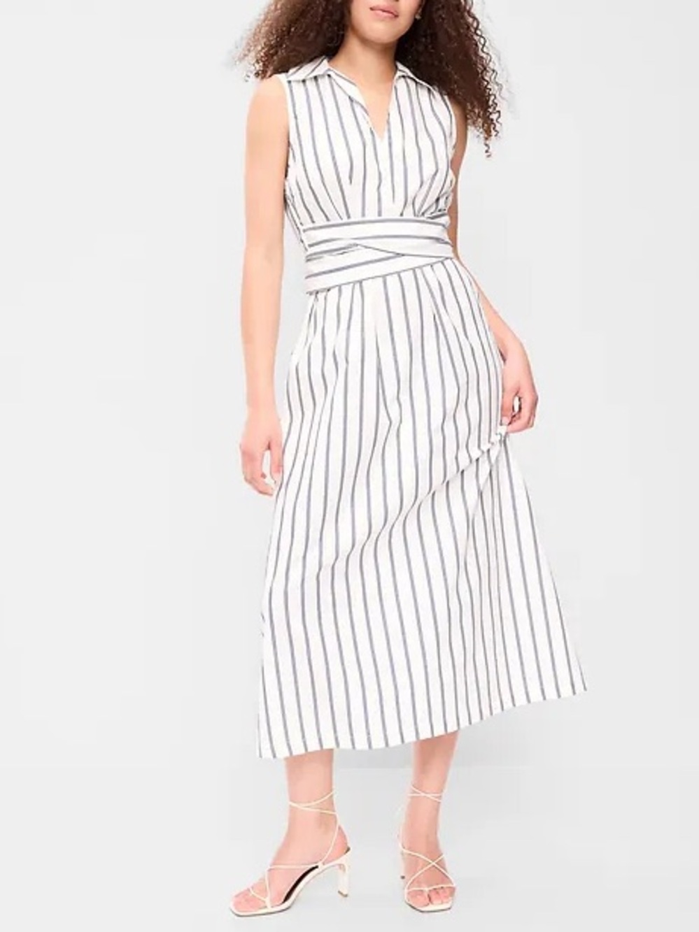 New Old Navy V-Neck Stripes Sleeveless Wrap-Waist Midi Shirt Dress Large Cotton